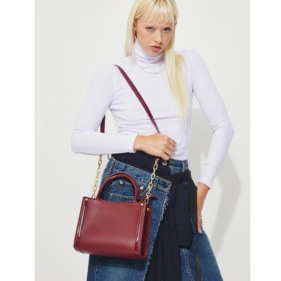 Burgundy Vegan Leather Chain Handle Satchel – Chic Structured Crossbody Purse - Picture 6 of 13